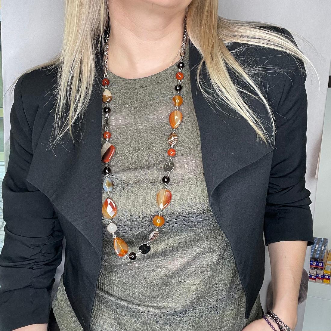 Collana lunga Corniola, Quarzo Fumè e Agata