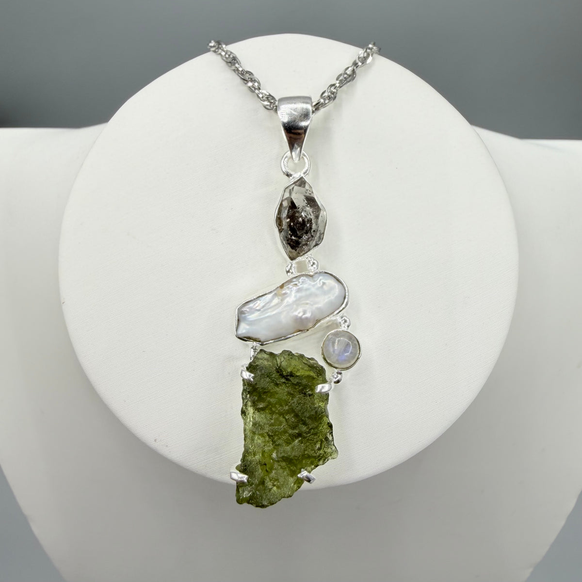 Ciondolo Moldavite, Madreperla, Labradorite, Diamante Herkimer - Argento 925