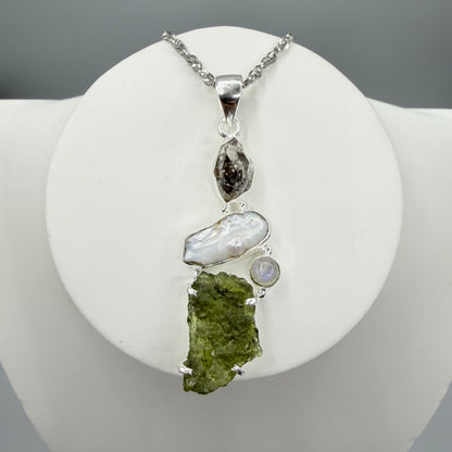 Ciondolo Moldavite, Madreperla, Labradorite, Diamante Herkimer - Argento 925
