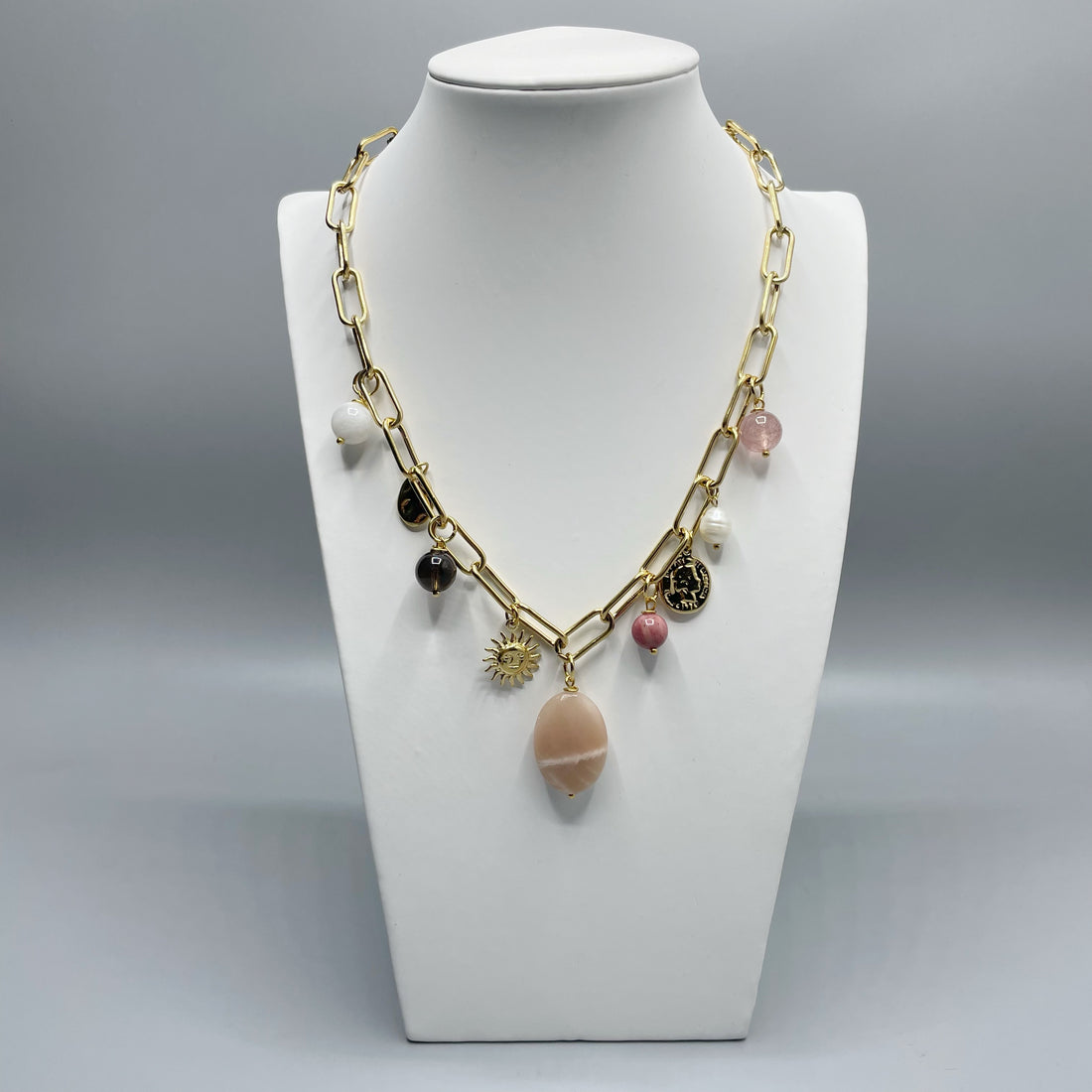 Girocollo Happiness Gold - Super Seven, Pietre di Luna, Rodonite, Labradorite, Quarzo Fumè