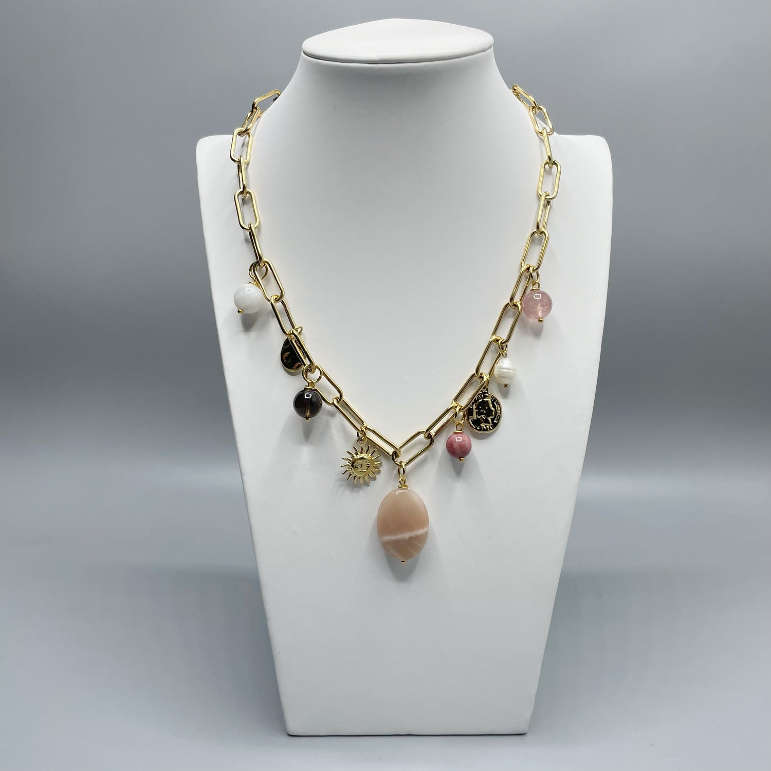Girocollo Happiness Gold - Super Seven, Pietre di Luna, Rodonite, Labradorite, Quarzo Fumè