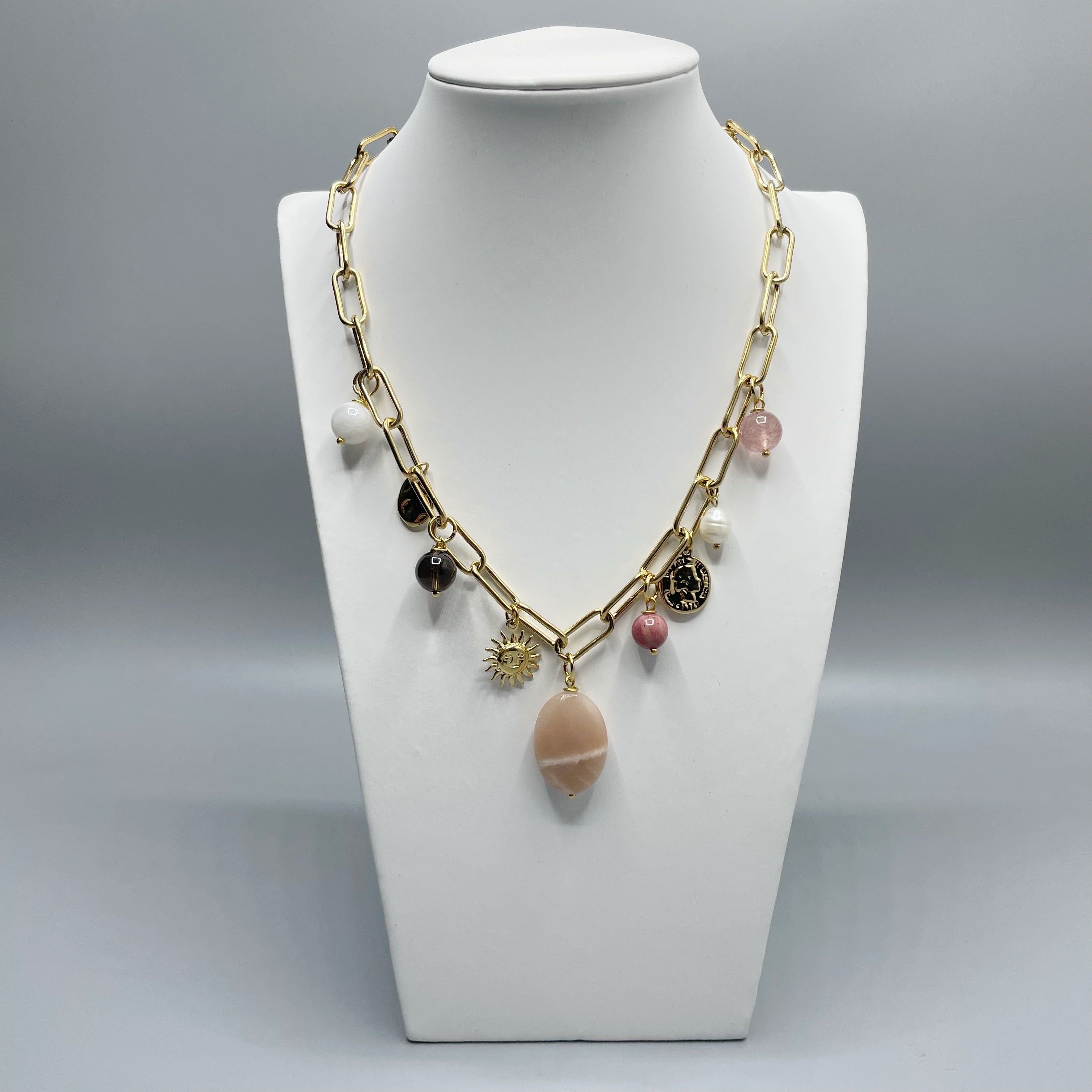 Girocollo Happiness Gold - Super Seven, Pietre di Luna, Rodonite, Labradorite, Quarzo Fumè