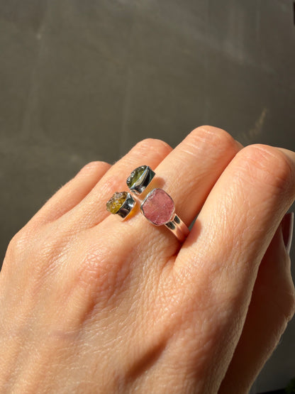Anello Moldavite e Tormalina Policroma - Argento 925