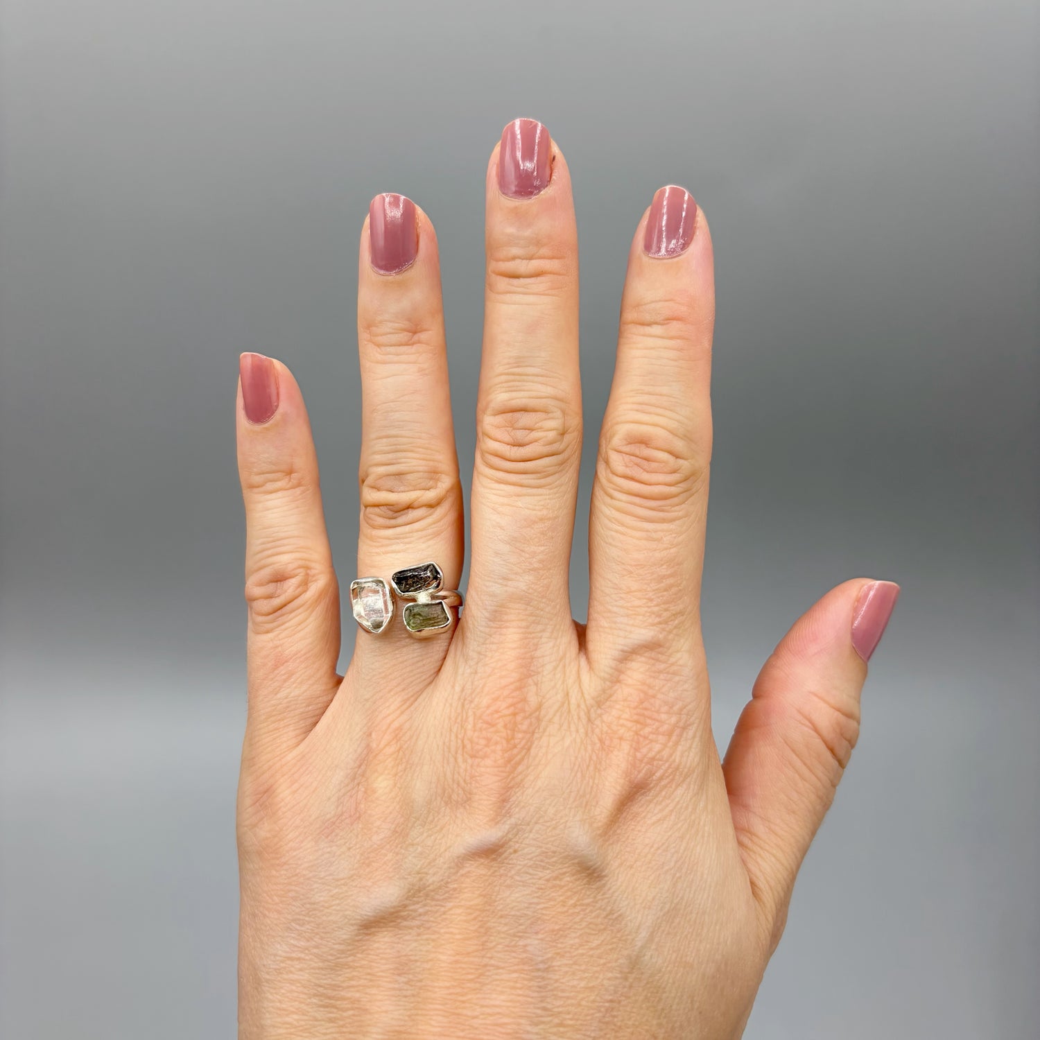 Anello Moldavite, Campo del Cielo e Diamante Herkimer | Argento 925
