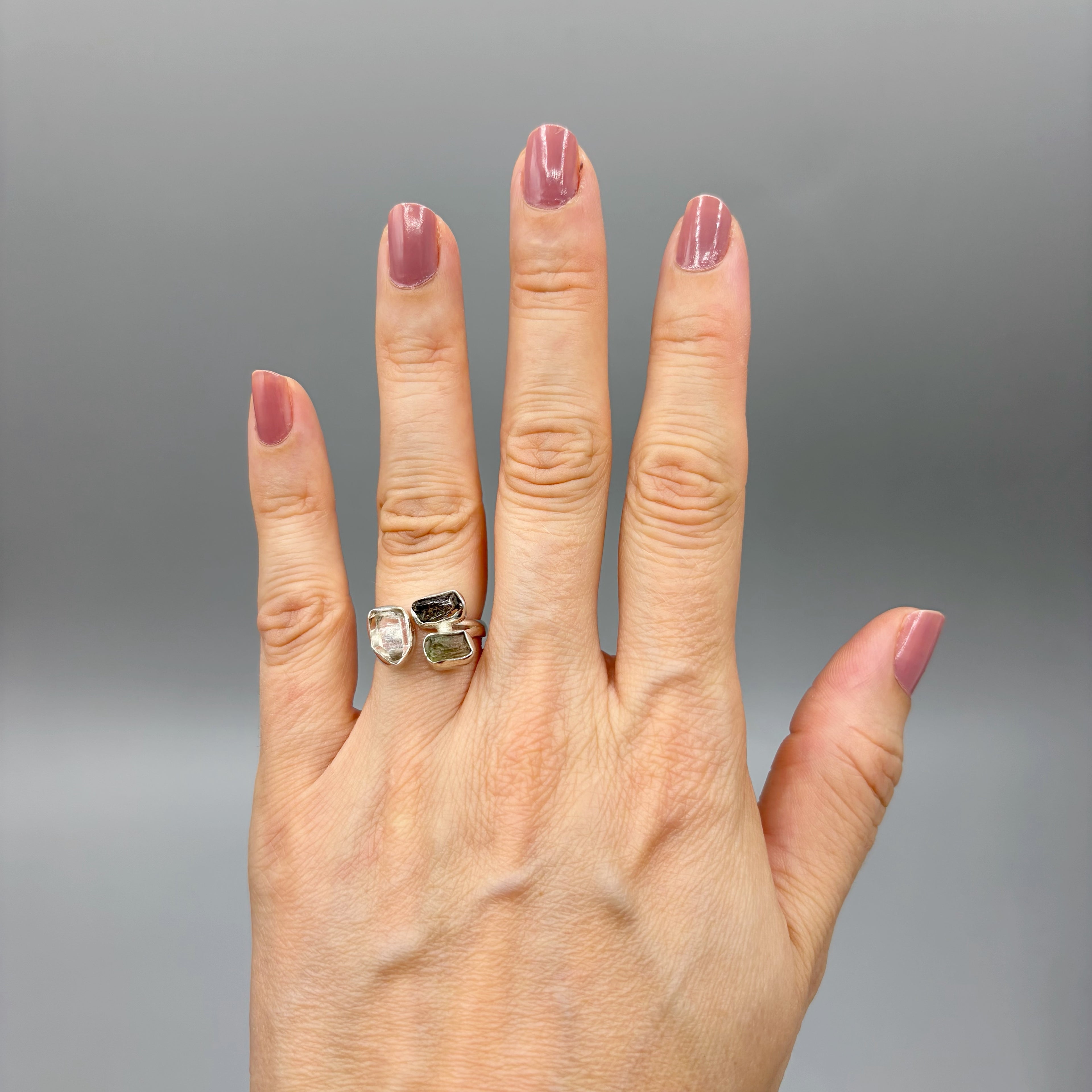 Anello Moldavite, Campo del Cielo e Diamante Herkimer | Argento 925