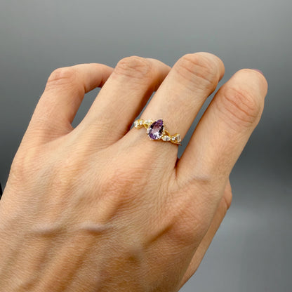 Anello Ametista a Goccia | Argento 925 placcato oro 14k - NON REGOLABILE