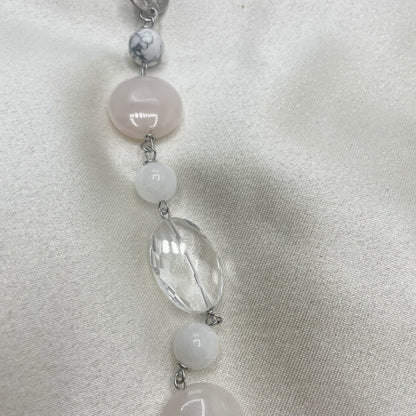 Collana lunga Quarzo Rosa, Howlite, Labradorite Bianca, Cristallo di Rocca