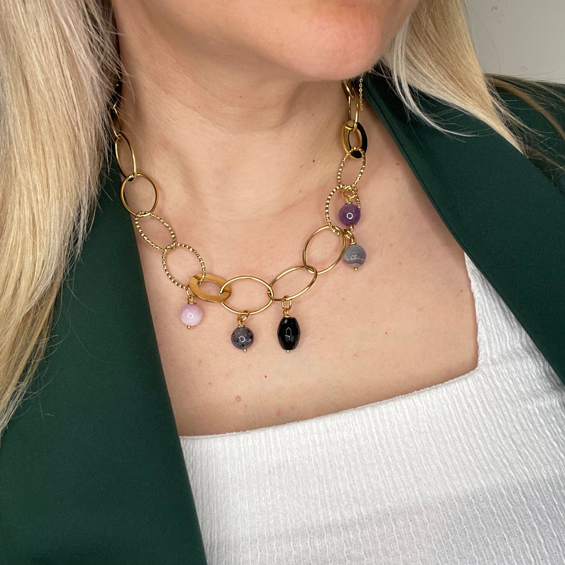 Girocollo Rinascita Gold - Kunzite, Larvikite, Onice, Occhio di Shiva, Super Seven