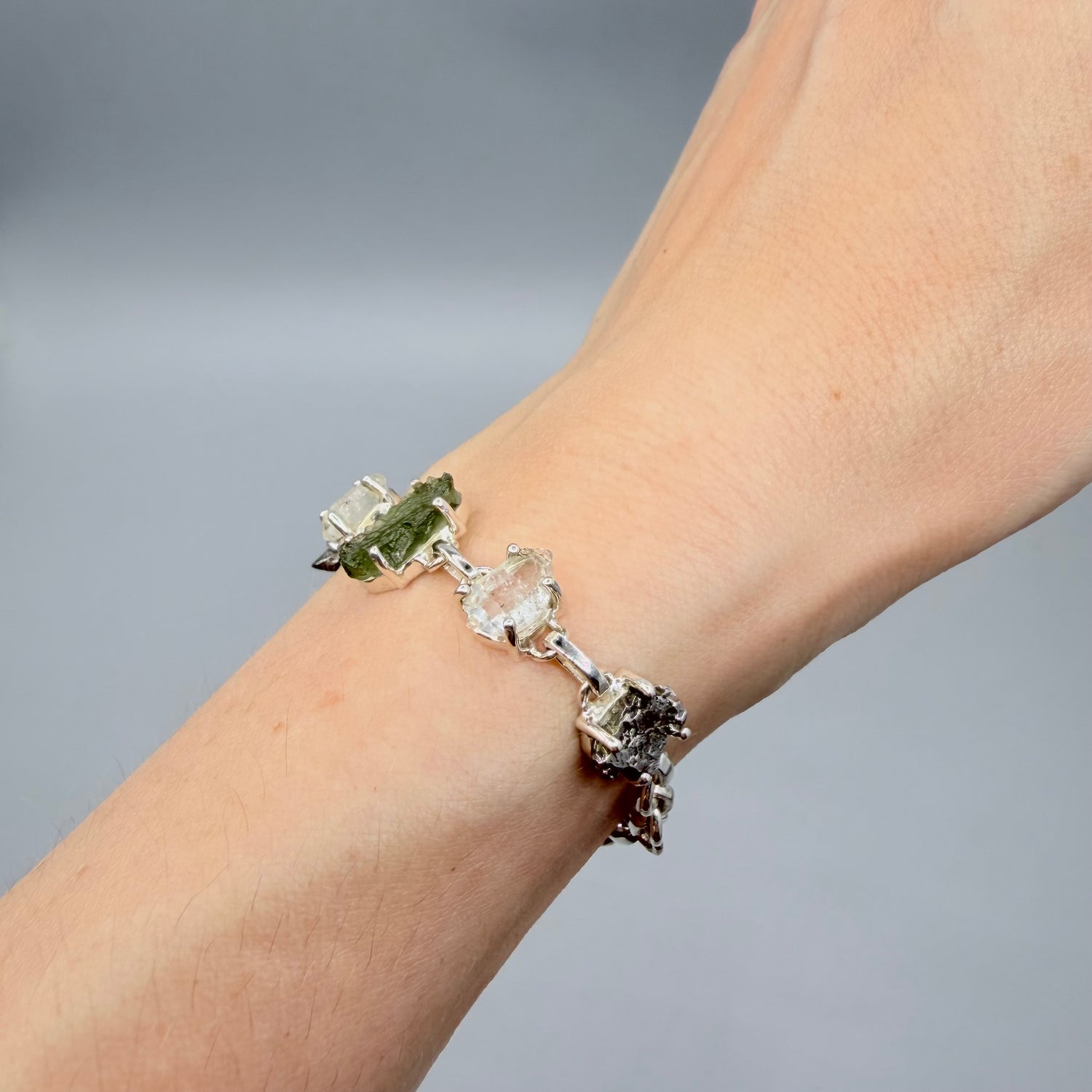 Bracciale Moldavite, Herkimer, Meteorite Campo del Cielo | Argento 925