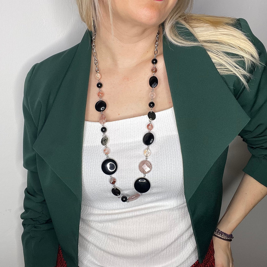 Collana lunga Quarzo Ematoride, Tormalina e Onice