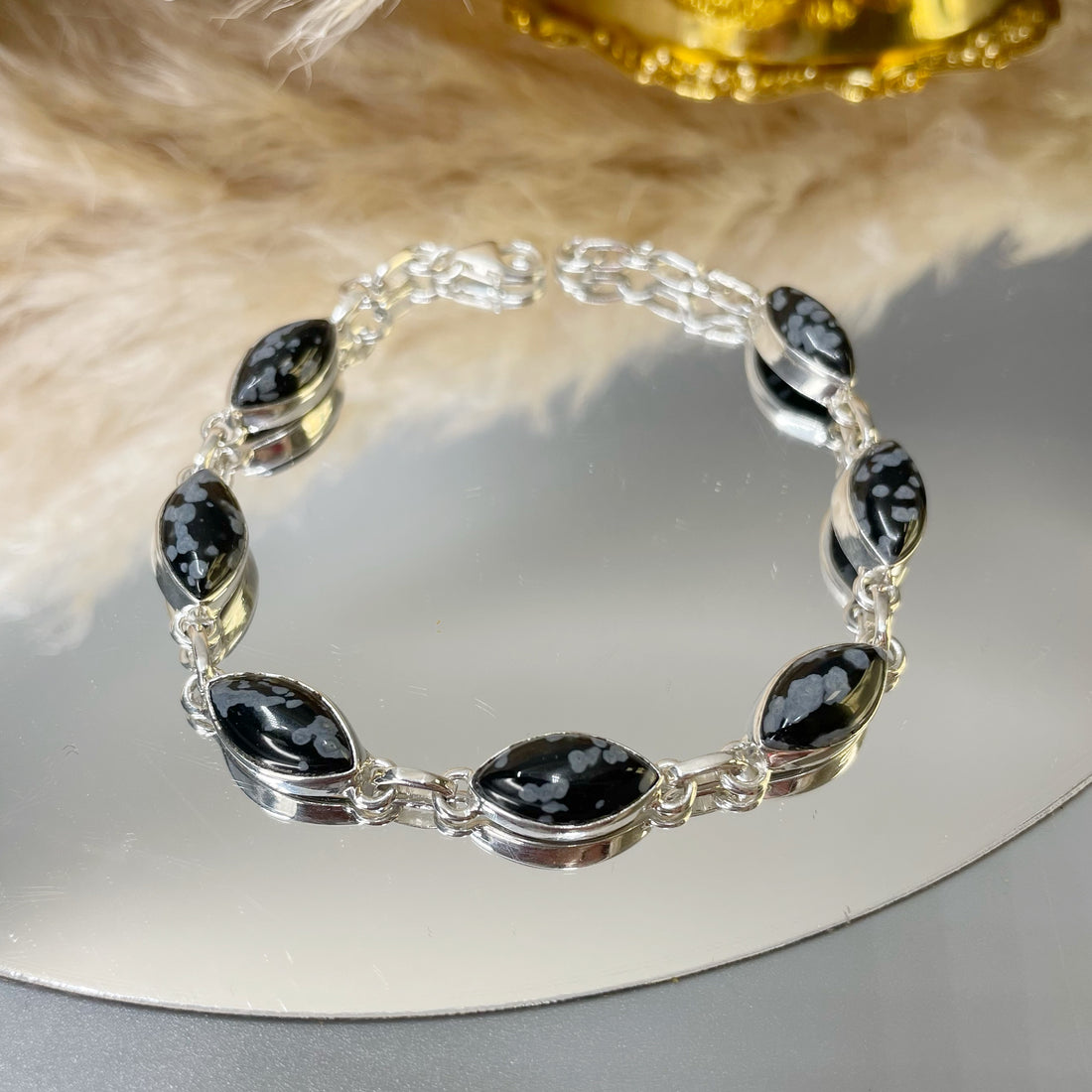 Bracciale Ossidiana Fiocco di Neve - Argento 925