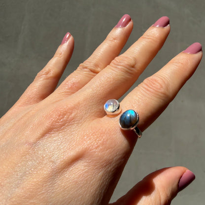 Anello Double Labradorite Bianca e Grigia - Argento 925