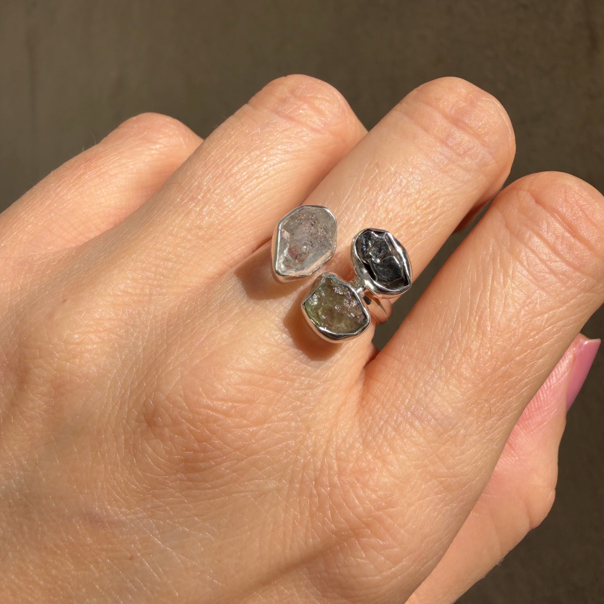 Anello Moldavite, Campo del Cielo e Diamante Herkimer | Argento 925