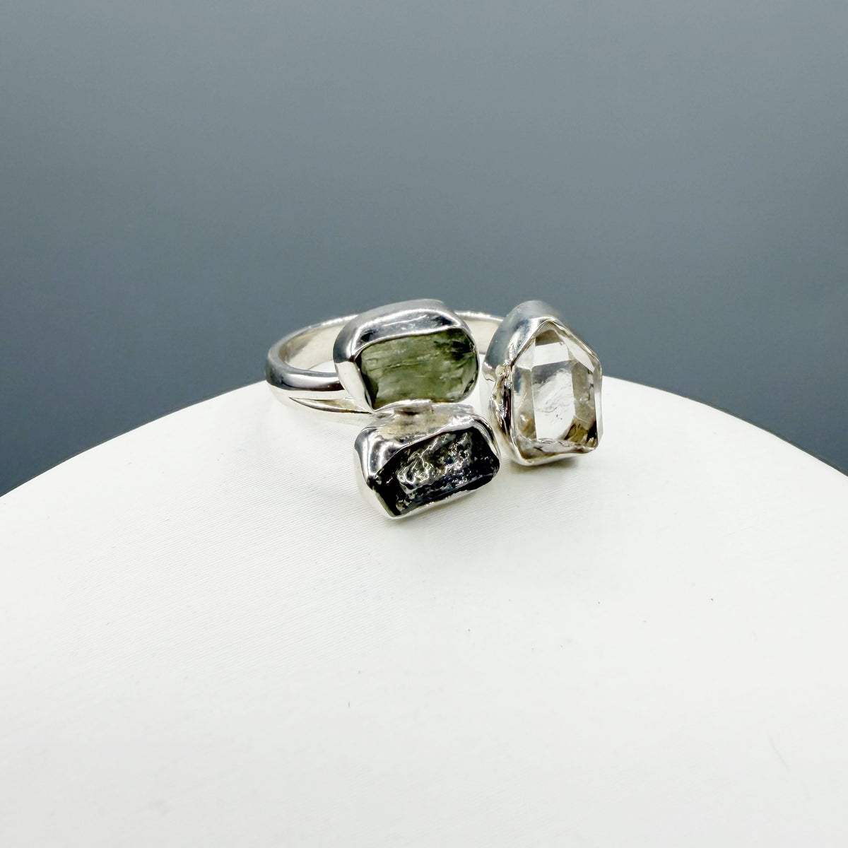 Anello Moldavite, Campo del Cielo e Diamante Herkimer | Argento 925