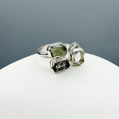 Anello Moldavite, Campo del Cielo e Diamante Herkimer | Argento 925