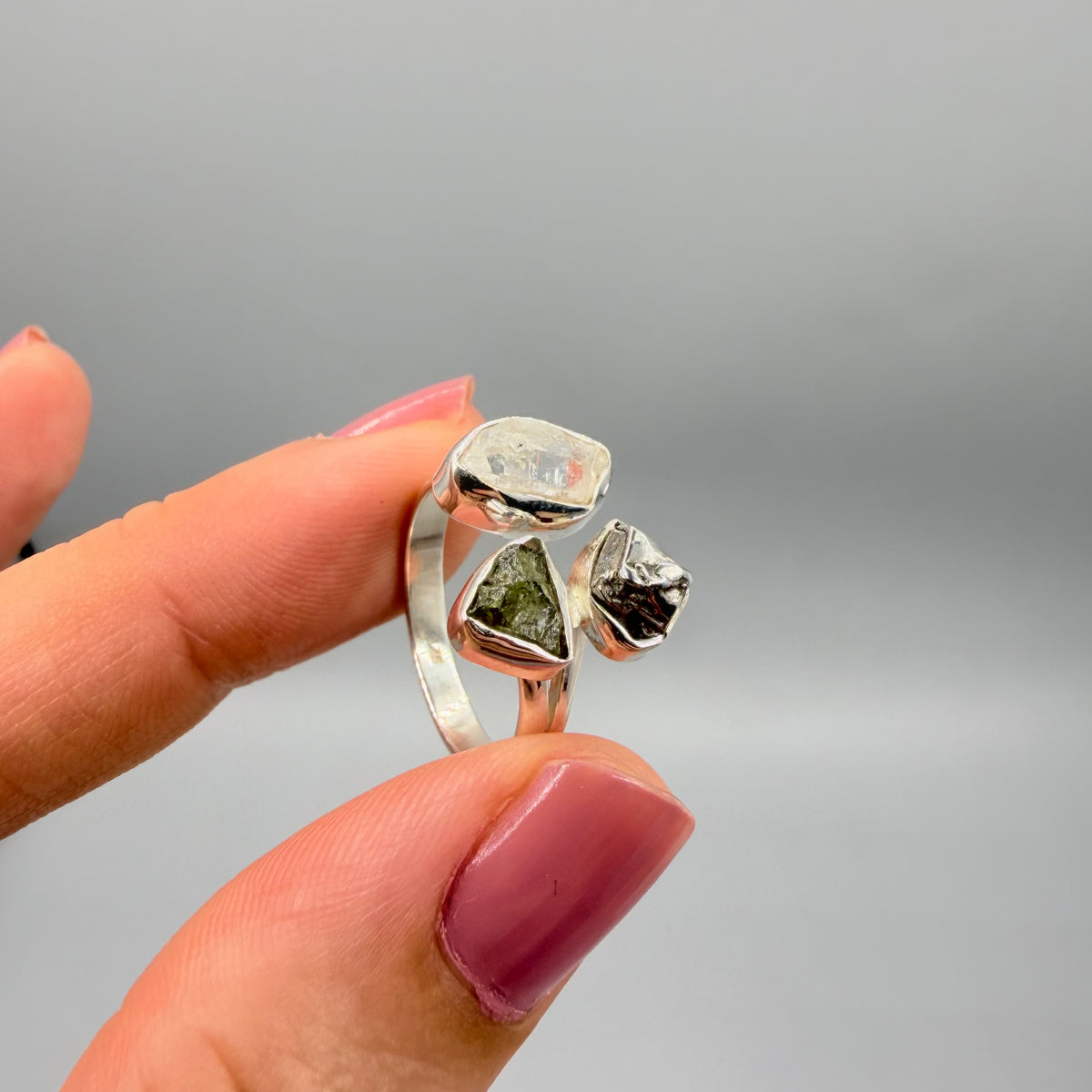 Anello Moldavite, Campo del Cielo e Diamante Herkimer | Argento 925