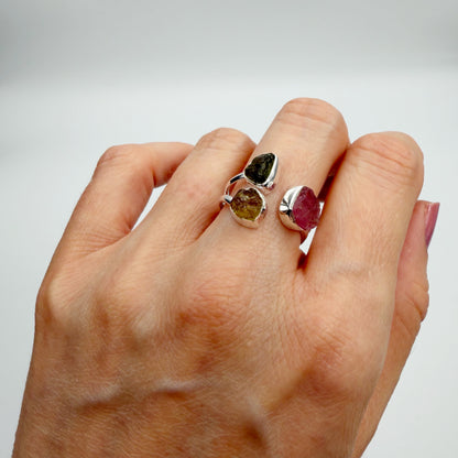 Anello Moldavite e Tormalina Policroma - Argento 925