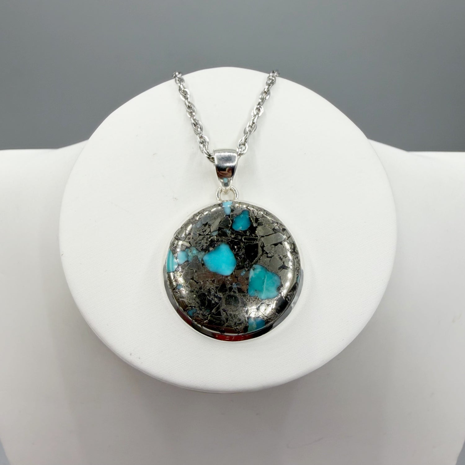 Ciondolo Turchese Naturale in Pirite | Argento 925 - Tondo