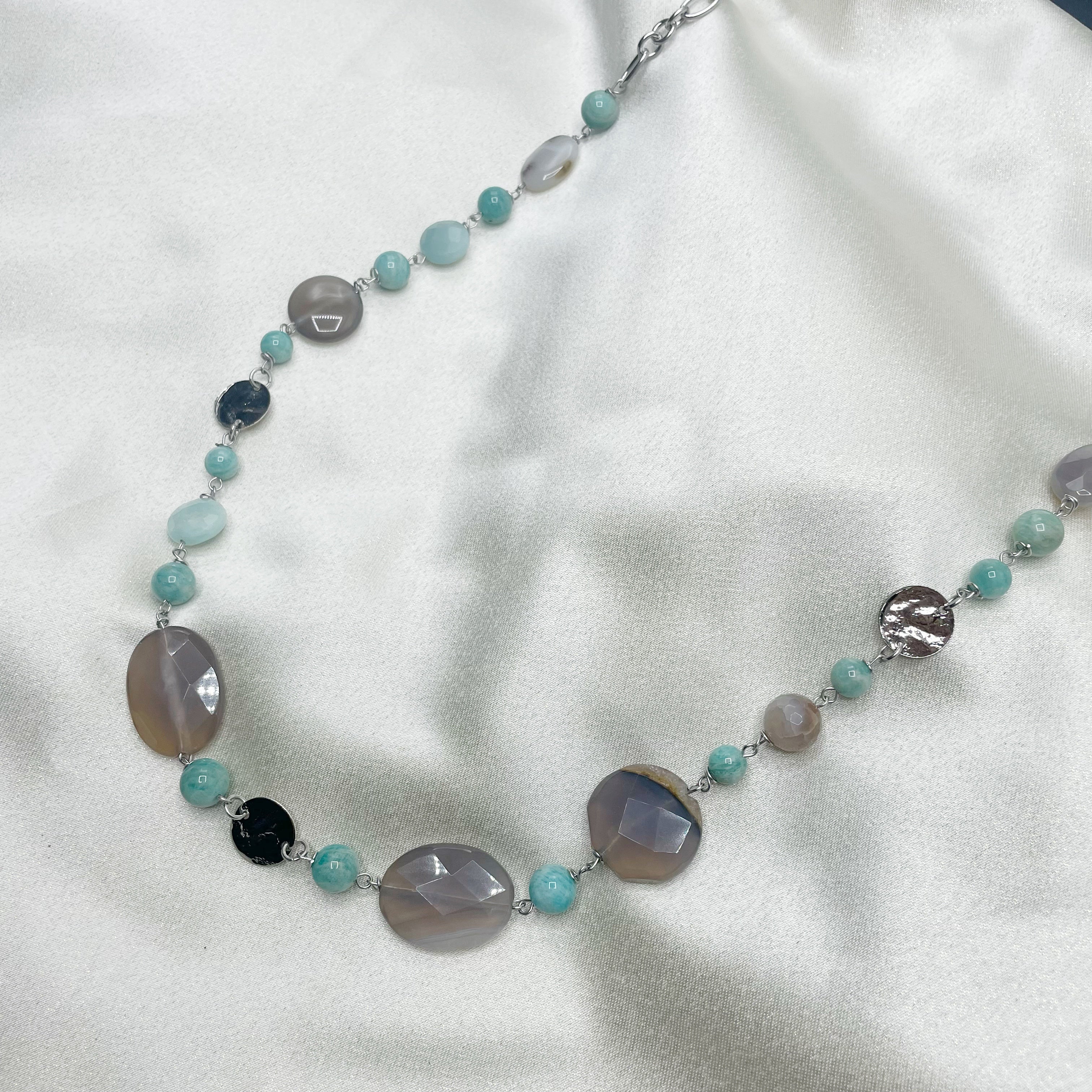 Collana lunga Amazzonite e Agata Grigia