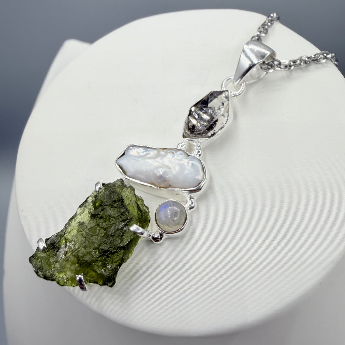 Ciondolo Moldavite, Madreperla, Labradorite, Diamante Herkimer - Argento 925