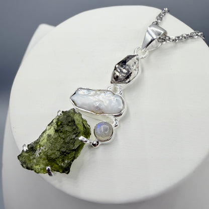 Ciondolo Moldavite, Madreperla, Labradorite, Diamante Herkimer - Argento 925