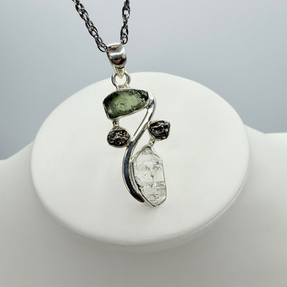 Ciondolo Moldavite, Campo del Cielo, Diamante Herkimer - Argento 925