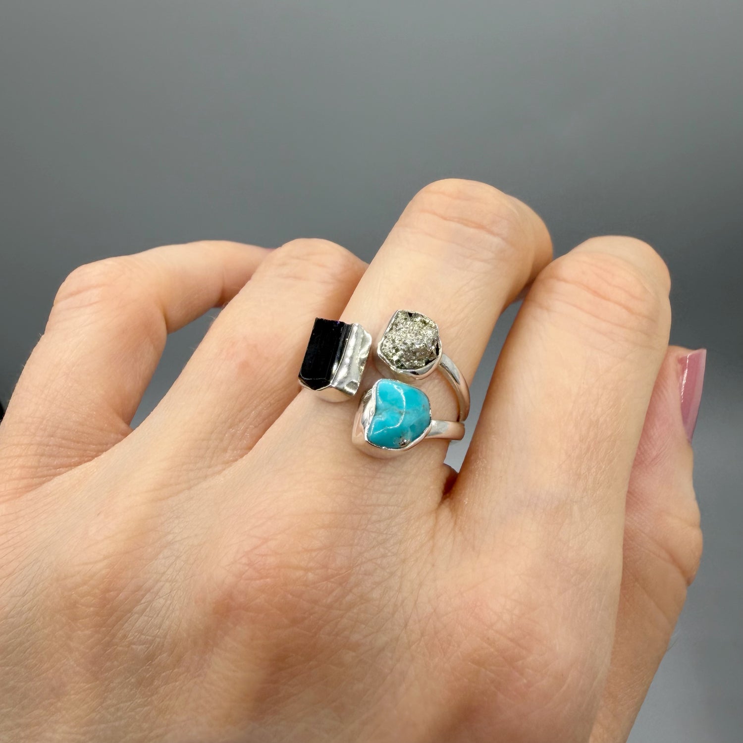 Anello Pirite, Turchese, Tormalina - Argento 925