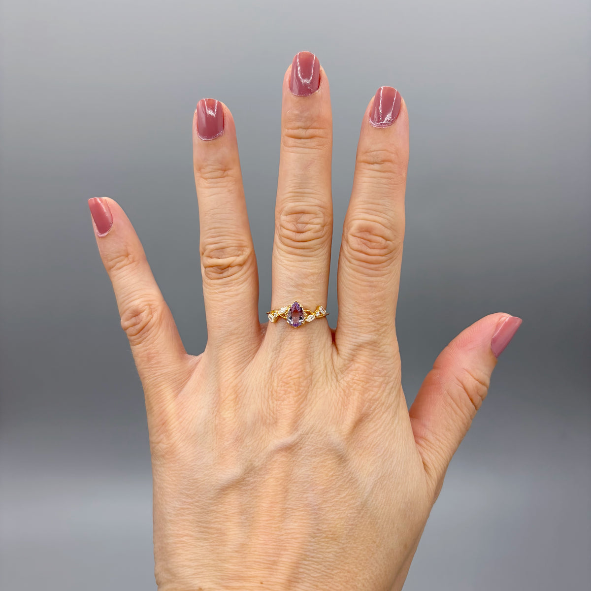 Anello Ametista a Goccia | Argento 925 placcato oro 14k - NON REGOLABILE