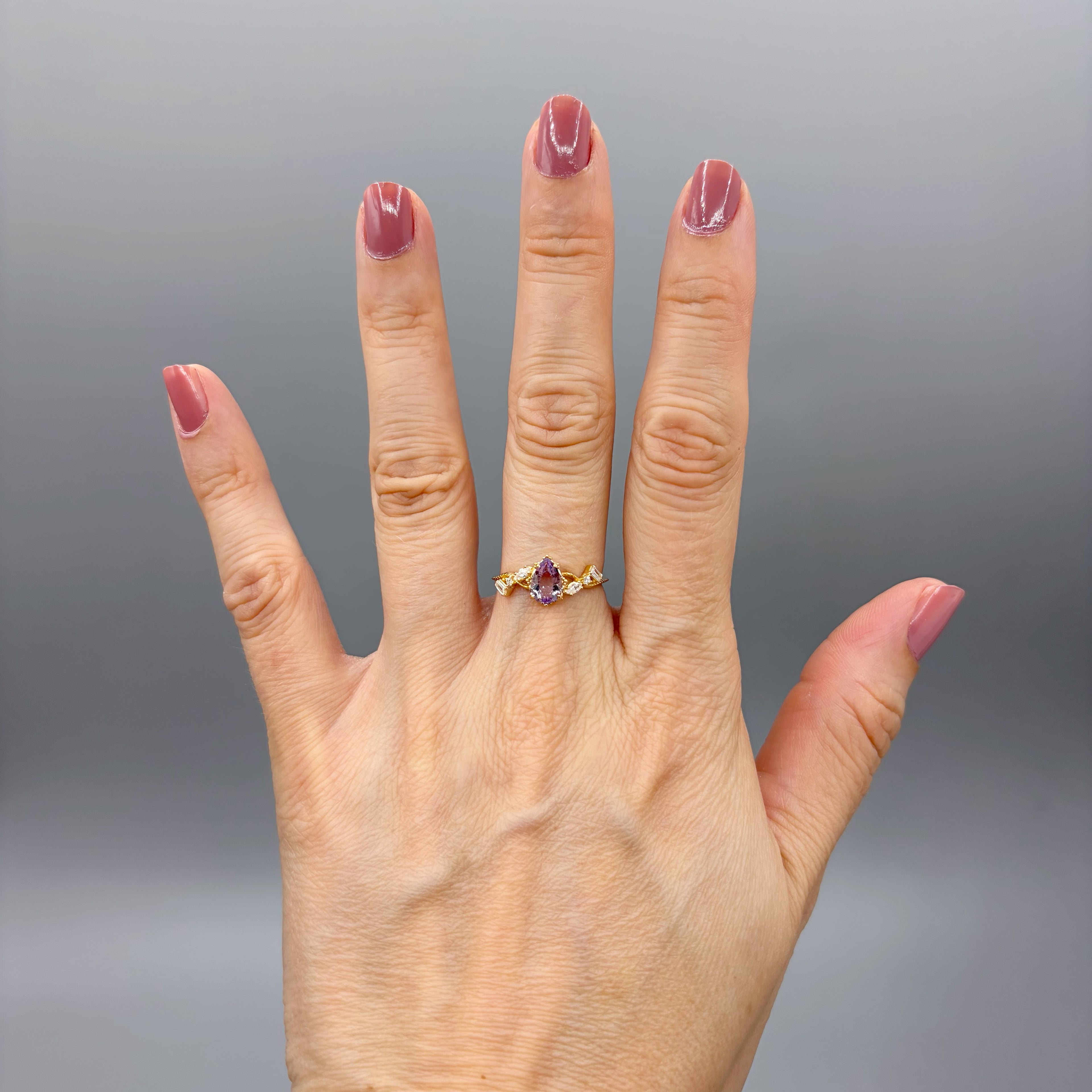 Anello Ametista a Goccia | Argento 925 placcato oro 14k - NON REGOLABILE