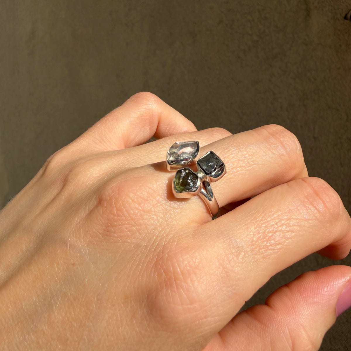 Anello Moldavite, Campo del Cielo e Diamante Herkimer | Argento 925
