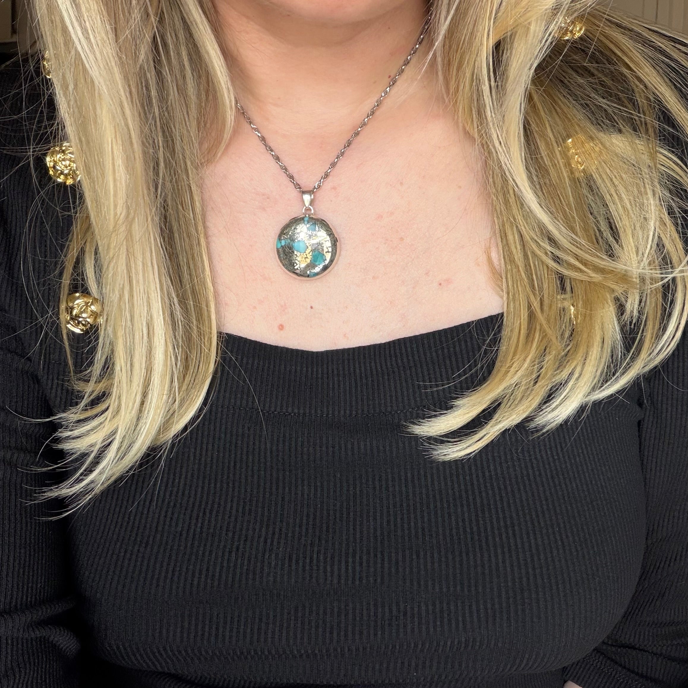 Ciondolo Turchese Naturale in Pirite | Argento 925 - Tondo