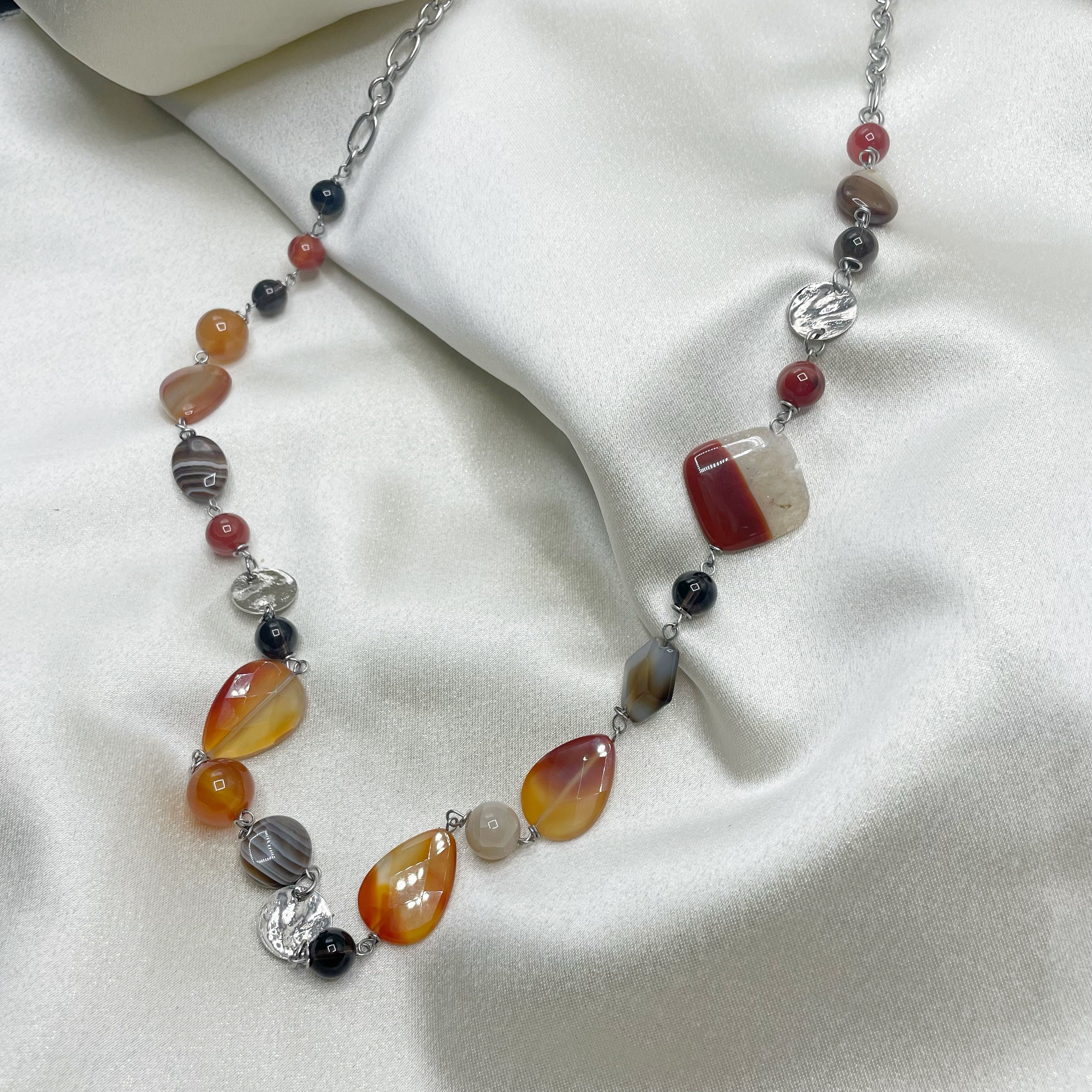 Collana lunga Corniola, Quarzo Fumè e Agata