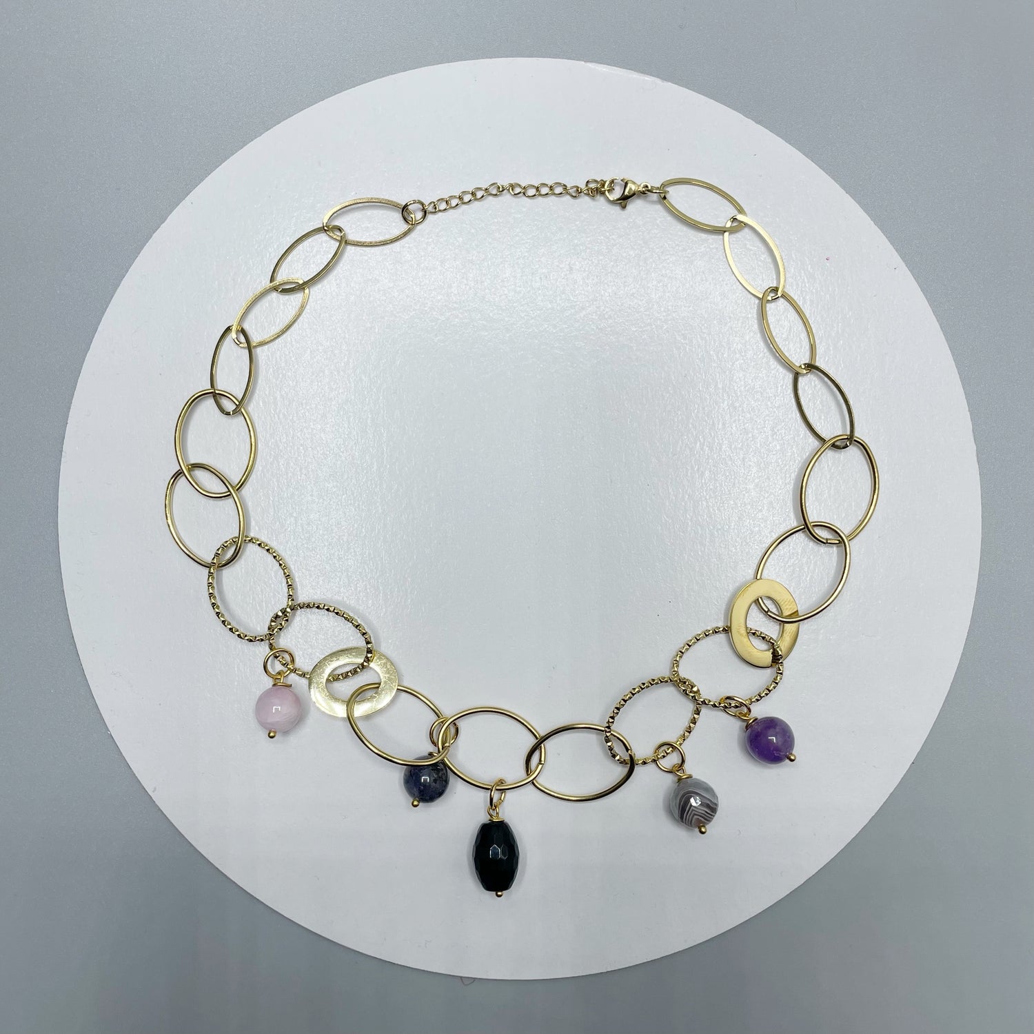 Girocollo Rinascita Gold - Kunzite, Larvikite, Onice, Occhio di Shiva, Super Seven