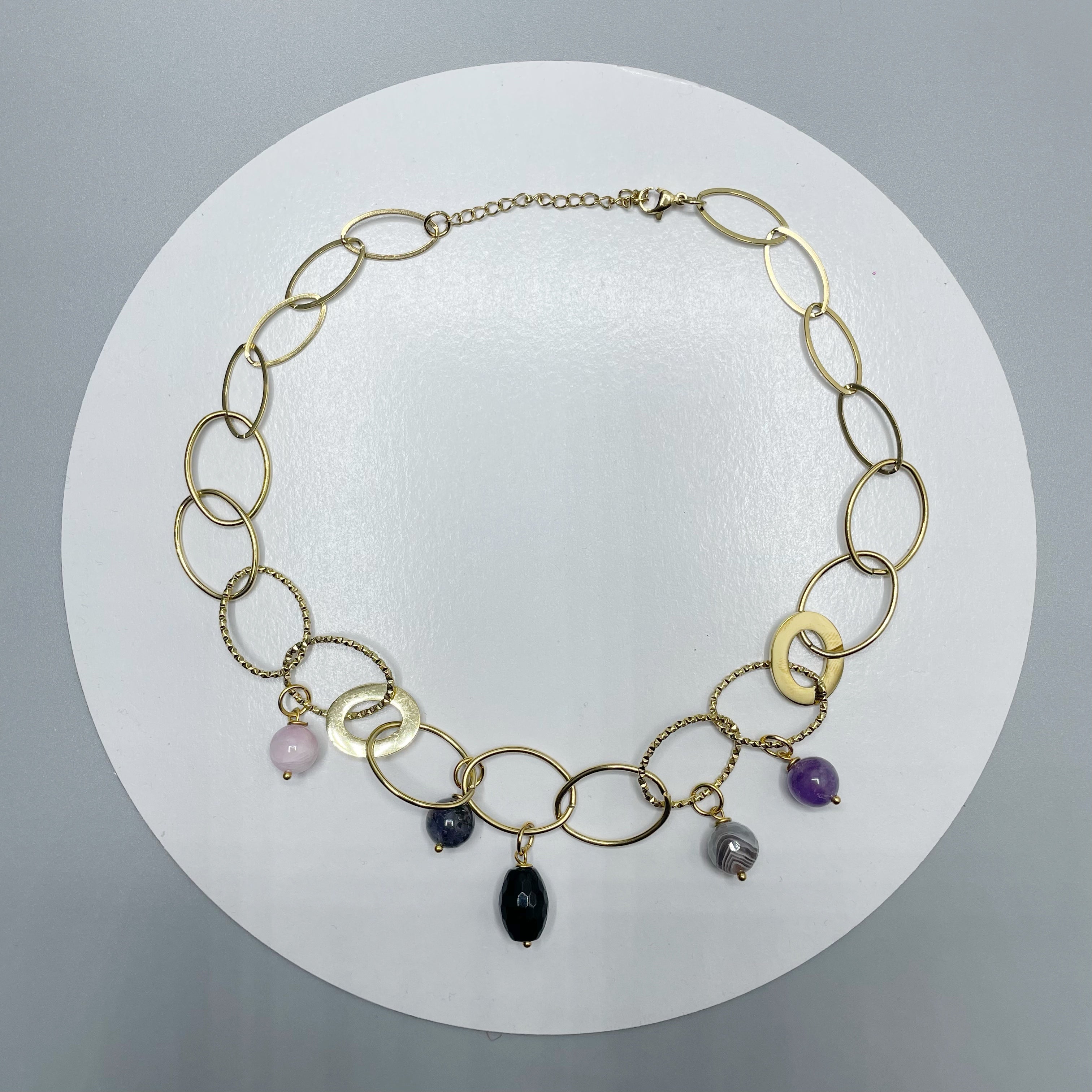Girocollo Rinascita Gold - Kunzite, Larvikite, Onice, Occhio di Shiva, Super Seven