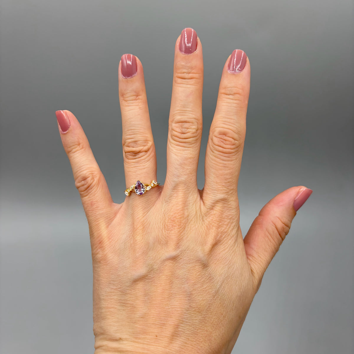 Anello Ametista a Goccia | Argento 925 placcato oro 14k - NON REGOLABILE