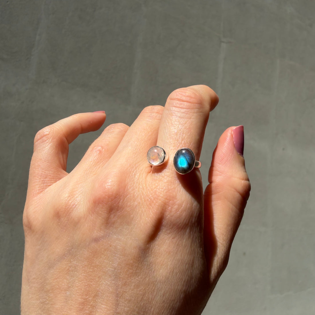 Anello Double Labradorite Bianca e Grigia - Argento 925