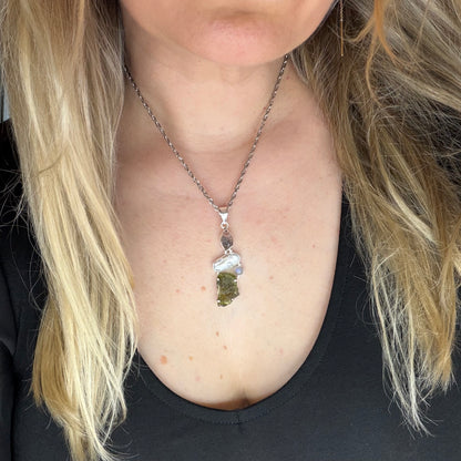 Ciondolo Moldavite, Madreperla, Labradorite, Diamante Herkimer - Argento 925