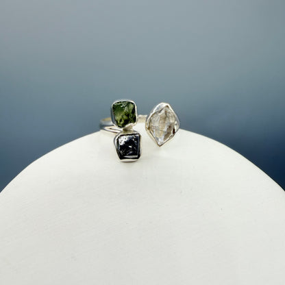 Anello Moldavite, Campo del Cielo e Diamante Herkimer | Argento 925