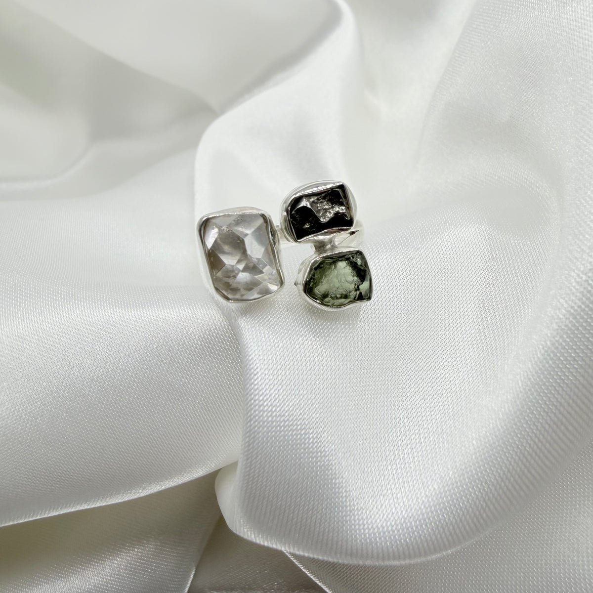 Anello Moldavite, Campo del Cielo e Diamante Herkimer | Argento 925