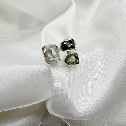 Anello Moldavite, Campo del Cielo e Diamante Herkimer | Argento 925