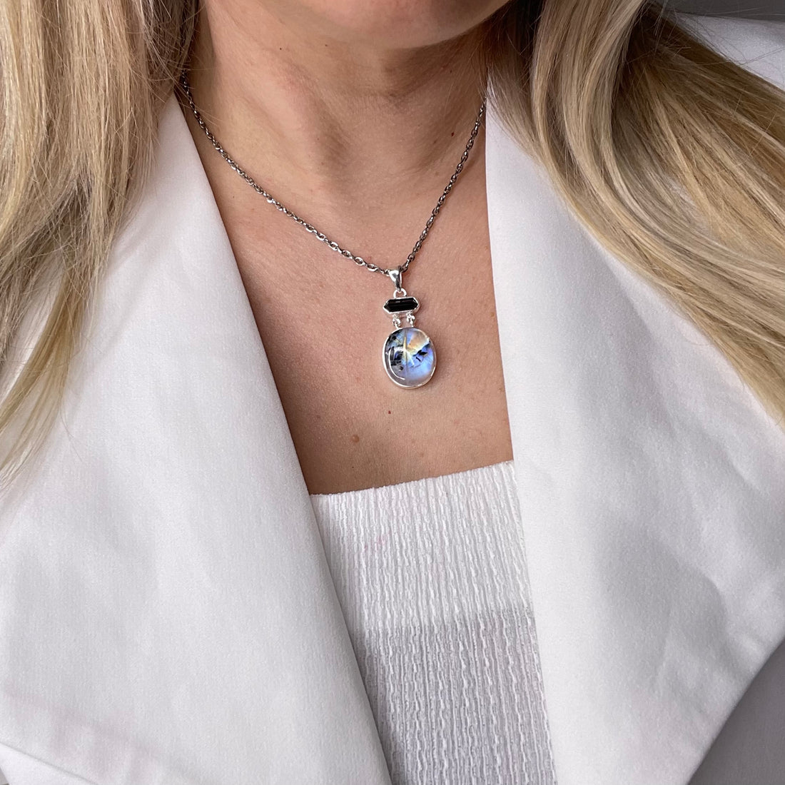 Ciondolo Labradorite e Tormalina Ovale - Argento 925