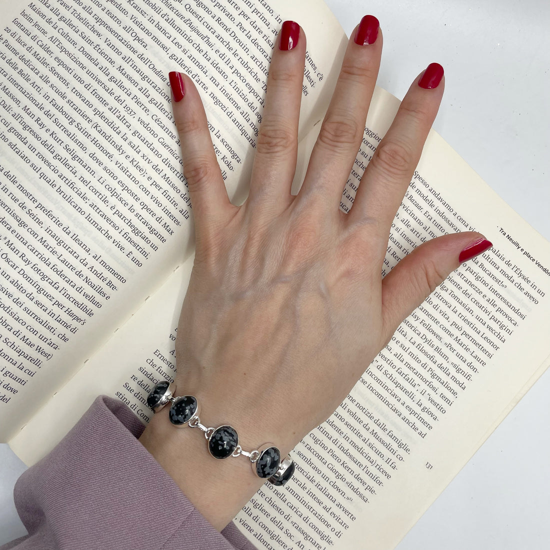Bracciale Ossidiana Fiocco di Neve - Argento 925