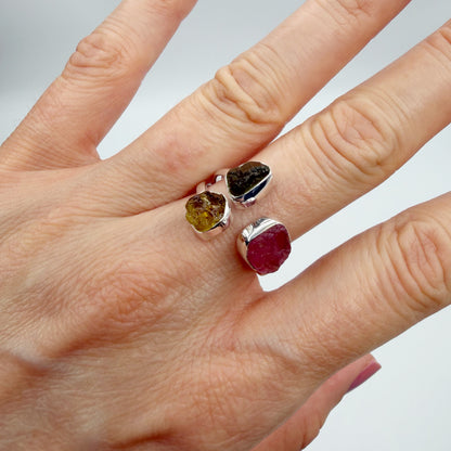 Anello Moldavite e Tormalina Policroma - Argento 925