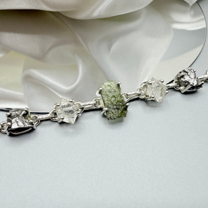 Bracciale Moldavite, Herkimer, Meteorite Campo del Cielo | Argento 925