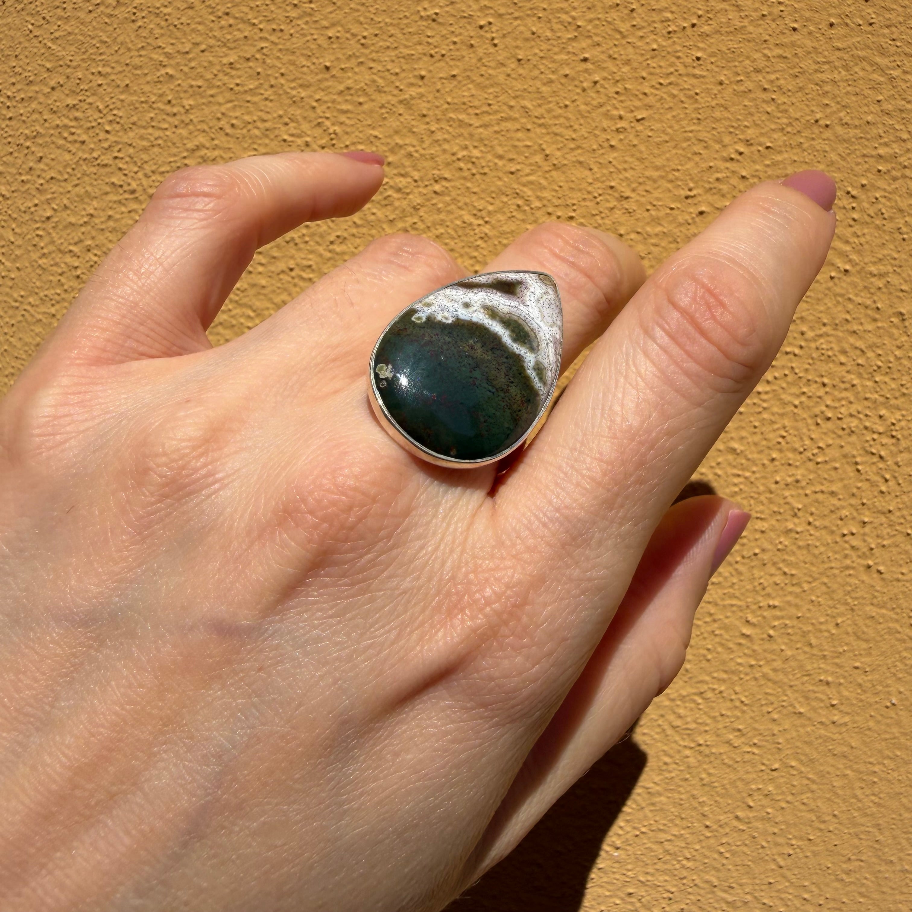 Anello Diaspro Oceano Argento 925 - a  Goccia grande