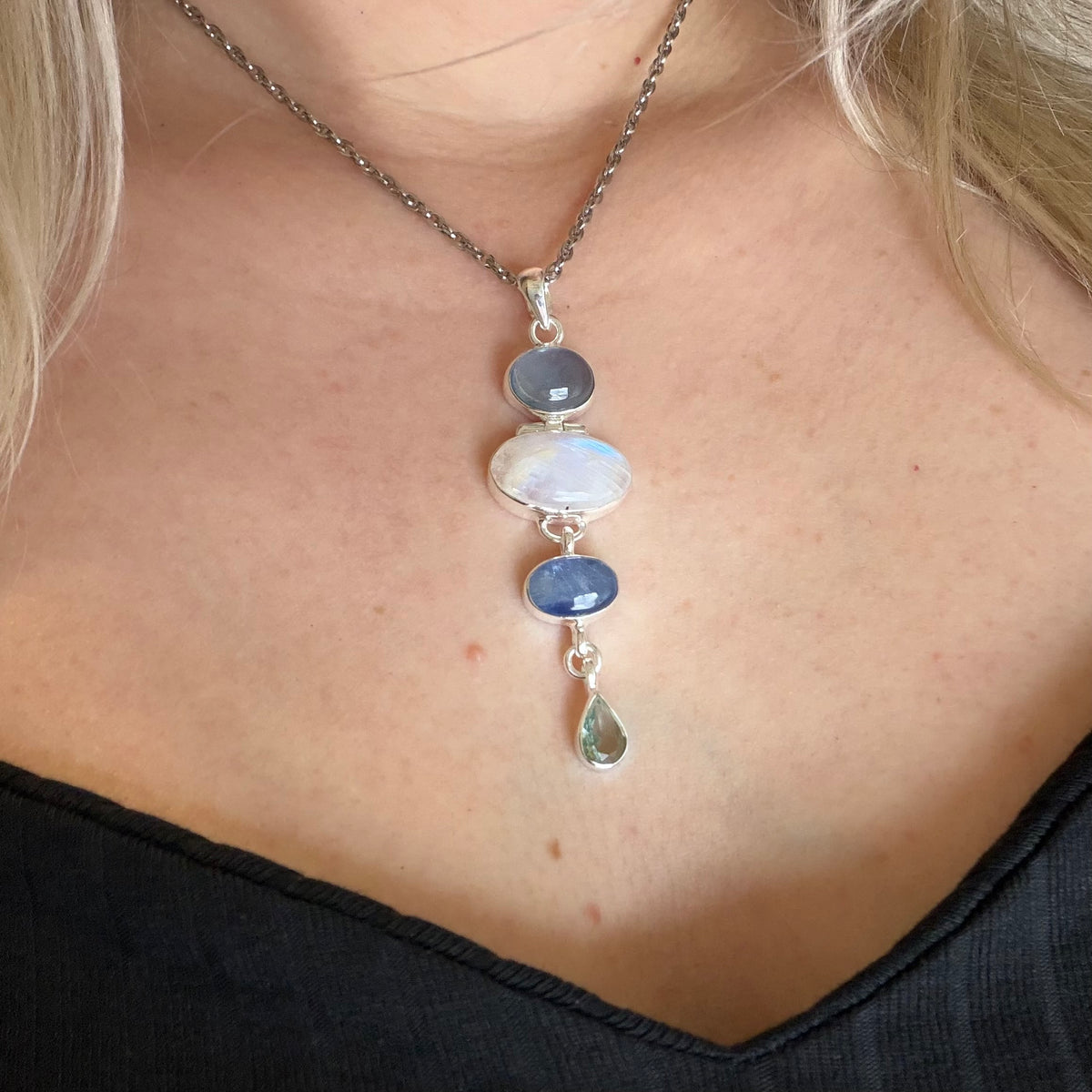 Ciondolo Acquamarina, Labradorite, Cianite, Quarzo - Argento 925