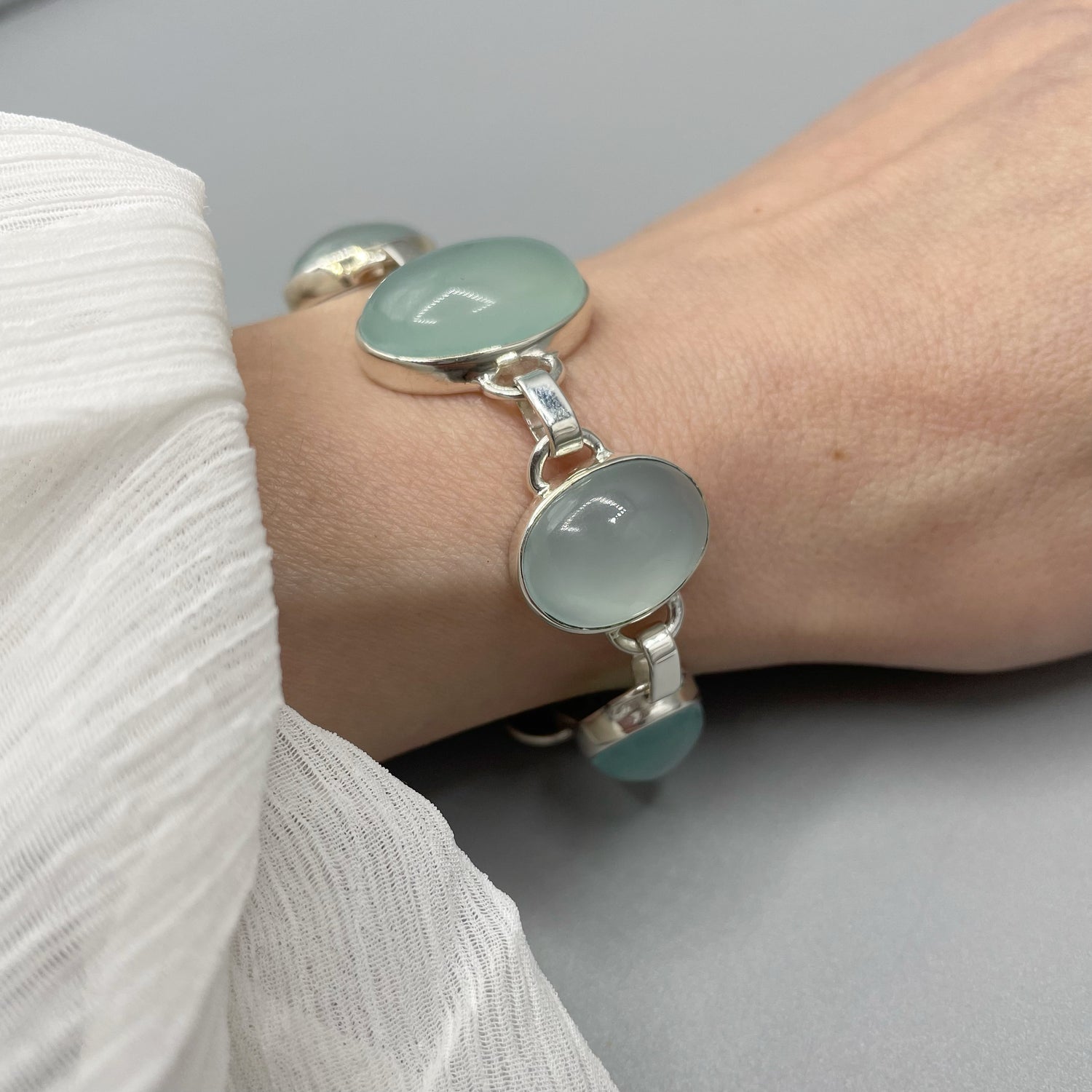 Bracciale Calcedonio Acqua e Argento 925 - Ovale