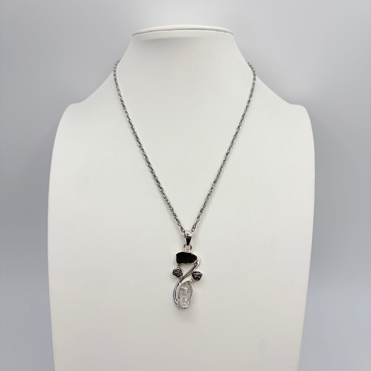 Ciondolo Moldavite, Campo del Cielo, Diamante Herkimer - Argento 925