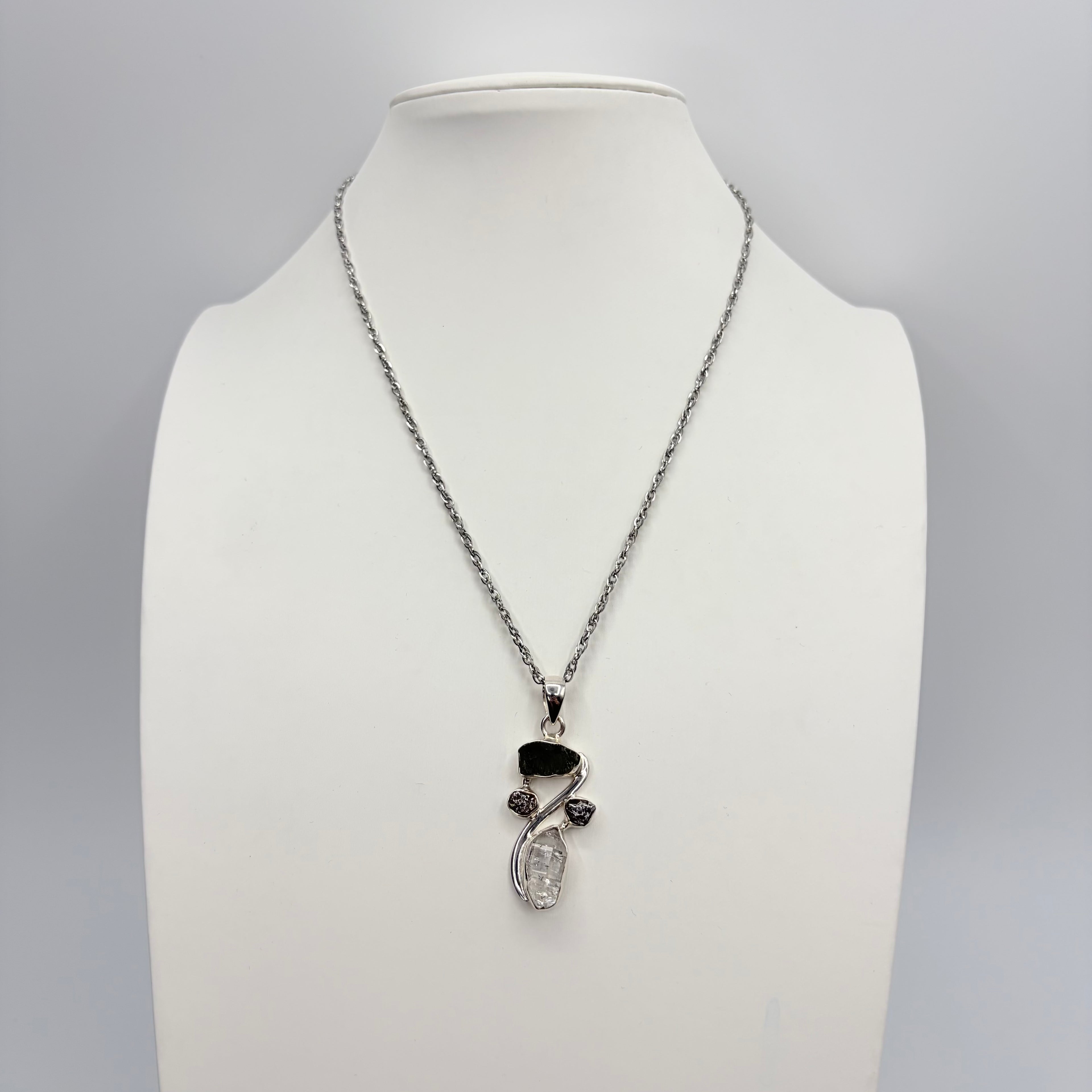 Ciondolo Moldavite, Campo del Cielo, Diamante Herkimer - Argento 925