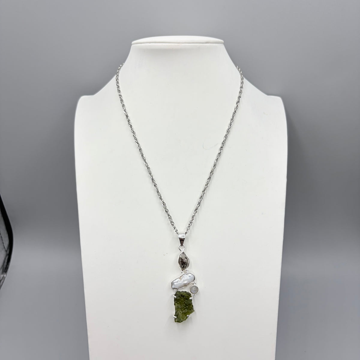 Ciondolo Moldavite, Madreperla, Labradorite, Diamante Herkimer - Argento 925